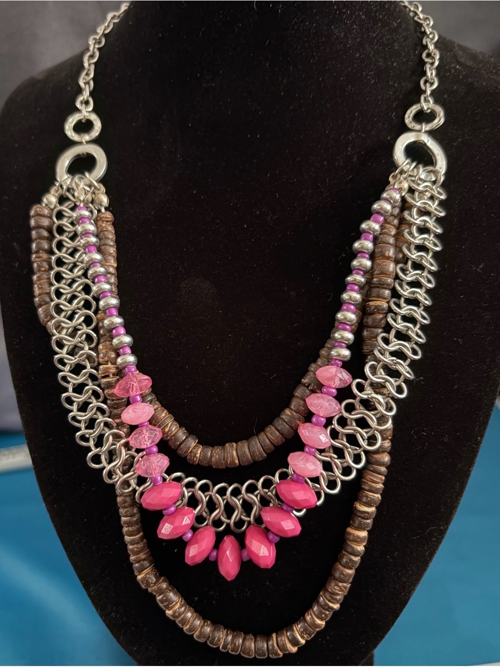 Multi-Strand Pink Bead and Chain Statement Necklace